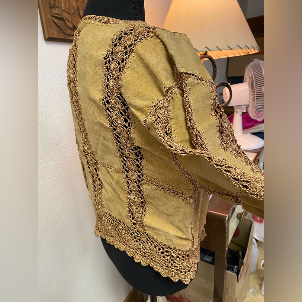 Unique OOAK Hippie Patchwork Leather Crochet Crop Jacket Top Blouse Handmade Sz? - Picture 7 of 16